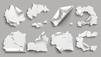 Poster - Graphite illustration of ripped blank papers isolated on transparent background. Damaged letter, document mockup, newspaper cutout set.