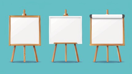 Poster - A set of white boards on tripod stands isolated on a white background. Business presentation easel with blank rectangular sheet, white flipchart mockup, projector canvas.