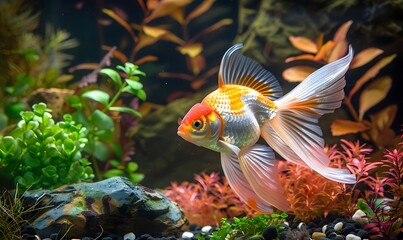 Elegant Oranda goldfish with flowing fins, Generative AI