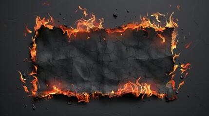Poster - Fire modern effect isolated on burnt paper. Realistic burnt sheet texture with flame border and black ash on transparent background. 3d set of flammable damage rectangle notes.
