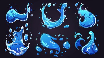 Poster - The splatter motion fluid icon set contains cartoon water tear icons with splash, puddle and falling waterfall symbols. Simple clean splatter motion fluid design.