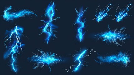 Poster - The electric thunderbolt strike of a blue color during a night storm, with impact, crack, and magical energy. 3D realistic set of modern bolts isolated on black background.