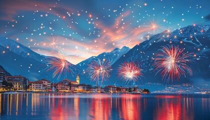 Wall Mural - Festive colorful fireworks light up the night sky