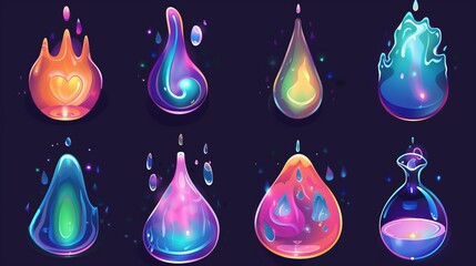Poster - Realistic 3D set of white cream droplets falling. Liquid cosmetic drop of clear coconut oil close up illustration isolated on transparent background. Yummy smoothie melting drip collection.