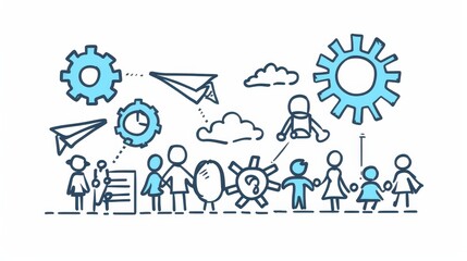 Poster - Several doodle icons, outline business signs, cogwheels, a hand with a puzzle piece, joined palms, hands raised, high-fives, handshakes, raising arrows, and success are shown on a linear modern