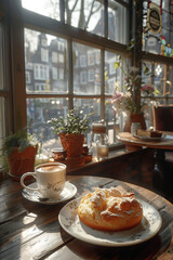 Wall Mural - breakfast with coffee and croissant by the window at home