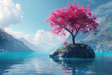 Poster - A lake under a high mountain, a tree with pink flowers blooming