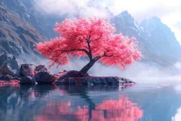 Poster - A lake under a high mountain, a tree with pink flowers blooming