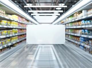 Wall Mural - The stacked supermarket shelves with the attached banners or wobblers. A 3D render of the display.