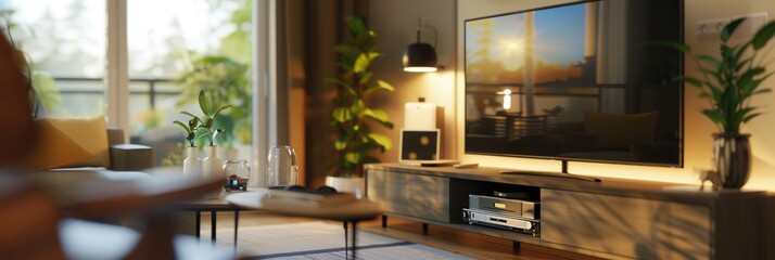 Aufkleber - A modern living room with a large flat-screen TV, home theater system, and stylish furniture. The TV is displaying a bright and sharp image. Generative AI