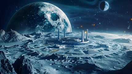 Wall Mural - space station on moon against blue planet earth