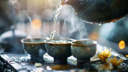 A close-up photograph of a teapot pouring steaming hot tea into three delicate cups, capturing a serene moment of calm and ritual