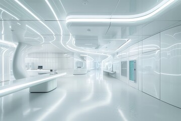 Aufkleber - A modern, minimalistic medical lab with AI driven devices. The space is characterized by open,