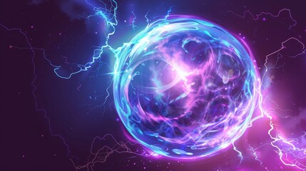 Poster - Fireball or crystal orb based on futuristic technology. Space and time game UI portal with wave, lightning, and energy light effects.