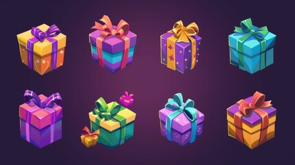 Wall Mural - The gift boxes feature colorful wrap, ribbons, and bows for birthday, Christmas, and game UI design. The surprise and present packages feature green, yellow, pink, and purple colors.