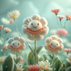 Wall Mural - Three smiling flowers with a blue and pink flower in the middle