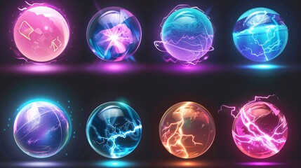 Poster - Fantasy energy orb with lightning and sparkles. Magician sphere crystal with shine plasma. Burst fortune teller globe. Realistic 3D illustration set.