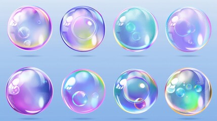 Poster - Iridescent surface isolated on transparent background. Hand drawn realistic illustration of shampoo and water balls. Laundry or bathroom design elements.