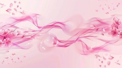 Poster - Flower petals and sparkles in pink scent wind wave. Realistic 3d modern illustrations of japanese sakura or cherry blossoms. Abstract swoosh scent trail.