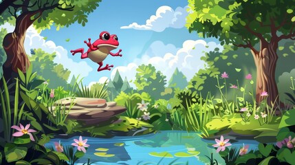 Wall Mural - Animated illustration of frog jumping in summer forest lake. Beautiful natural scene with blue river, stones in water, green grass and bushes, bright sunlight penetrating foliage.