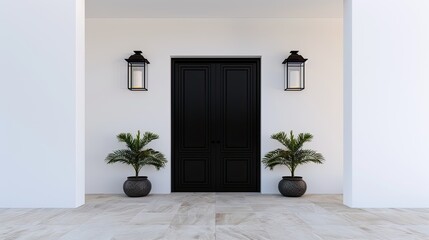 A black front door with a black doormat, two potted trees, and two lanterns on the white siding of a house