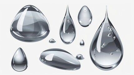 Poster - Modern realistic illustration of condensate, dew drops, cosmetic gel, serum, oil droplets, skin care product, transparent liquid bubbles, bathroom wall design elements.