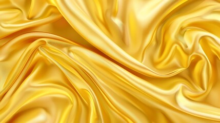 Poster - The background has a yellow smooth curtain drapery framed with waves and folds of golden silk or satin. A realistic 3d modern illustration of royalty elegant fabrics.