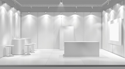 Poster - mockup of an empty presentation booth for an exhibition. white walls, floor and table in front, corn