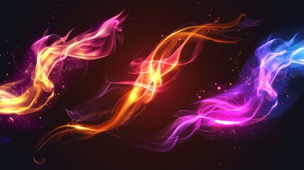 Wall Mural - An illustration of neon light effects along with yellow, red, purple, pink waves, abstract speed motion swirls, magic power trails, blurred fire flashes.