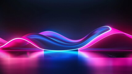 Poster - The illusion of pink and blue waves of light on a glossy floor, an abstract illustration of neon waves on black background. The reflection of glowing light on glossy floor, led illumination, and