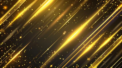 Wall Mural - On a black background, golden light lines and sparkles reflect in the darkness. Nightclub party decorations, concert backdrops, magic gold flare effect.