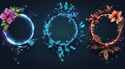 Poster - Isolated round game frames on a white background. Cartoon design of golden, silver, wood avatar decorations embellished with colored gems, flowers, and a winner trophy emblem.