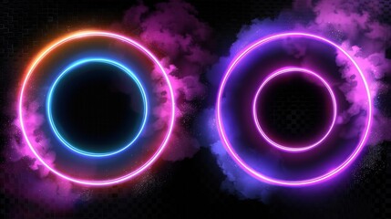 Poster - Halo neon light effects isolated on transparent background. Modern realistic illustration of turquoise, purple, and pink rings glowing in darkness, round energy frame in cloud of mist with sparkles.