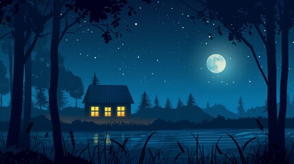 Wall Mural - During the night, home window view of outside night landscape illustration. Building on swamp scenery in summer time. Forest background for dark Halloween scenes.