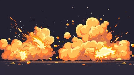 Wall Mural - Comic blast, bomb explosion, magic burst with yellow fire splashes and smoke, modern cartoon illustration showing flame effects with smoke clouds.