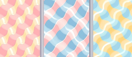 Wall Mural - Collection of seamless patterns with fun wavy squares in pastel blue, pink and yellow colors.