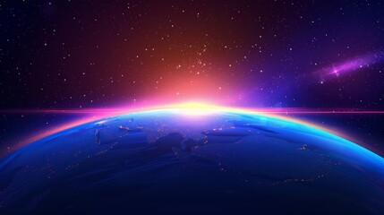 Wall Mural - an illustration with a bright light on the horizon of a dark planet. a modern real illustration of a