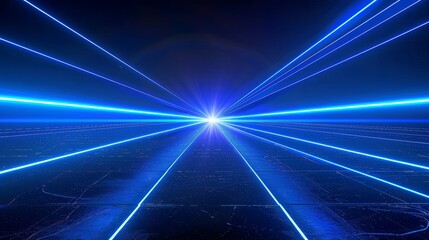 Poster - a stage or catwalk with neon blue led lights glowing on a black glossy floor. a realistic 3d modern 