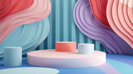 Poster - A round podium surrounded by an abstract pastel color background. Pink cylinder platform on a blue and beige wave background, design for a beauty presentation studio.