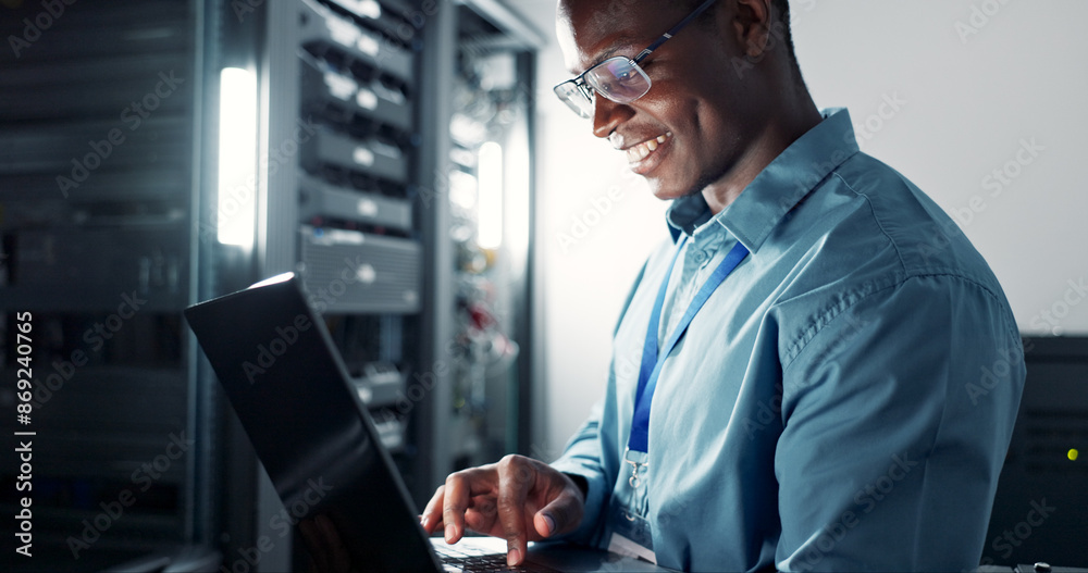 Man Computer Sel Laptop, server room and black man on database network for maintenance ...