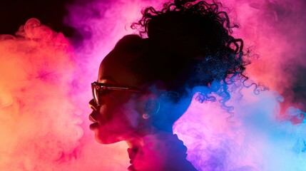 Wall Mural - Woman with short hair surrounded by smoke and neon lights, close-up