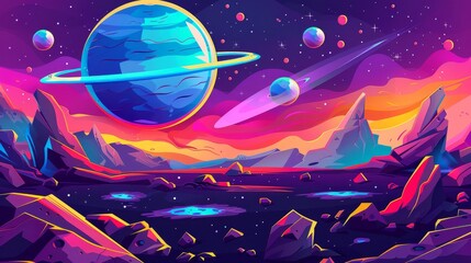 Poster - imaginary cosmos universe illustration with moon crater and abstract satellite texture. red asteroid