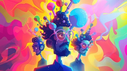 Poster - Cartoon style illustration of a character with multiple heads, each performing a different task, set