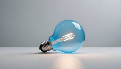 close up isolated blue hanging light bulb on a plain background