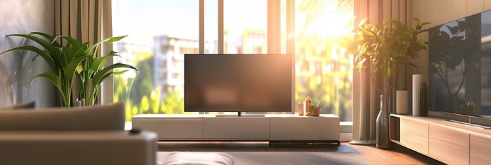 Poster - A bright and stylish living room with large windows, plants, and a modern home theater system featuring smart televisions. Generative AI