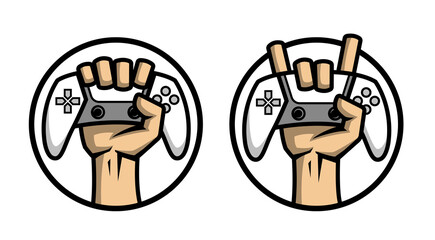 Wall Mural - The hand holds the controller. Hardcore gamer logo two options.