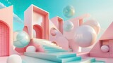 Surreal pastel architecture with geometric shapes floating spheres dreamlike scene