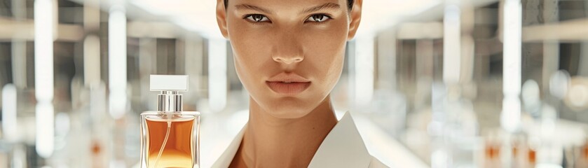 Poster - A sophisticated video for a new fragrance, featuring a model walking through a series of elegant and luxurious settings, with close-ups of the perfume bottle and subtle hints of the fragrance notes,
