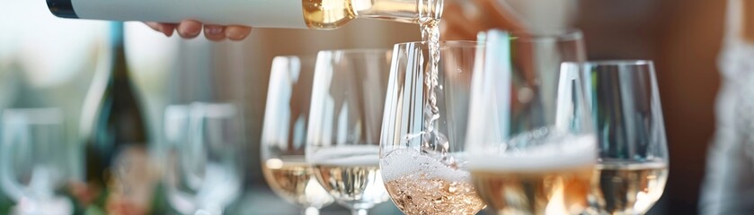 Poster - An elegant advertisement for a new wine brand, featuring close-ups of the bottles, wine being poured into glasses, and people enjoying the wine in sophisticated settings