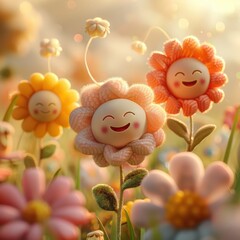Wall Mural - Three smiling flowers with a blue and pink flower in the middle